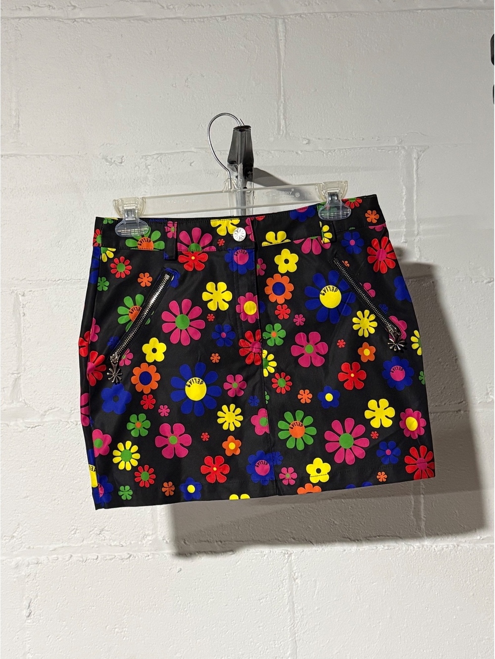 Delia’s size medium y2k colorful rainbow mod flower & black micro miniskirt